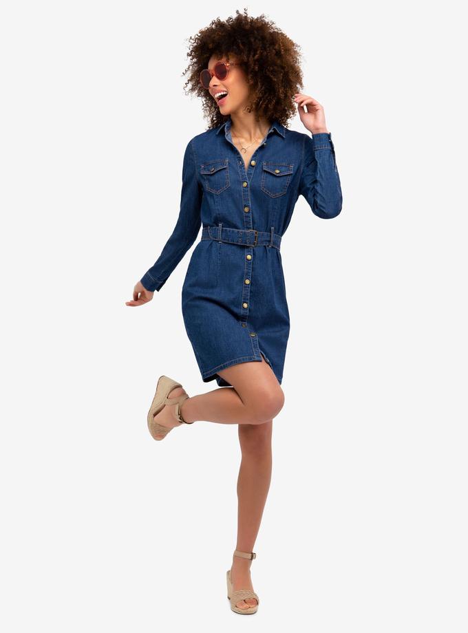 USPA STRETCH DENIM BELTED SHIRT DRESS Same Day Delivery