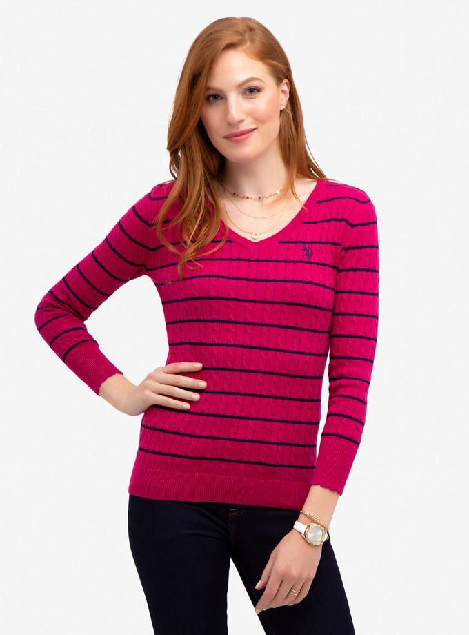 USPA STRIPED CABLE KNIT V-NECK SWEATER Free shipping