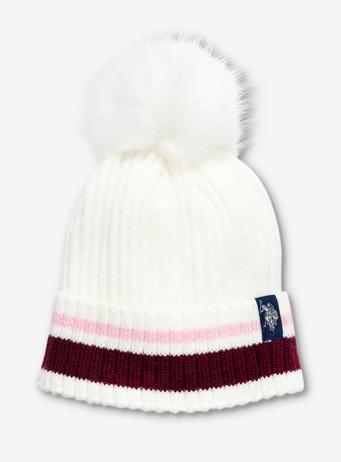 USPA STRIPED CUFF BEANIE WITH FAUX FUR POM POM Best Buy