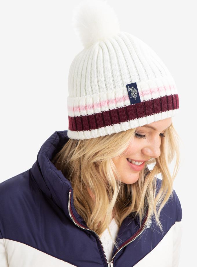 USPA STRIPED CUFF BEANIE WITH FAUX FUR POM POM Best Buy