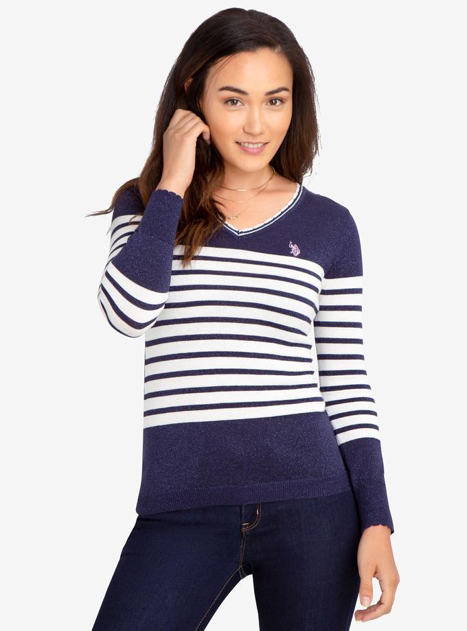 USPA STRIPED LUREX V-NECK SWEATER For Sale