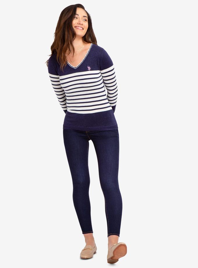 USPA STRIPED LUREX V-NECK SWEATER For Sale