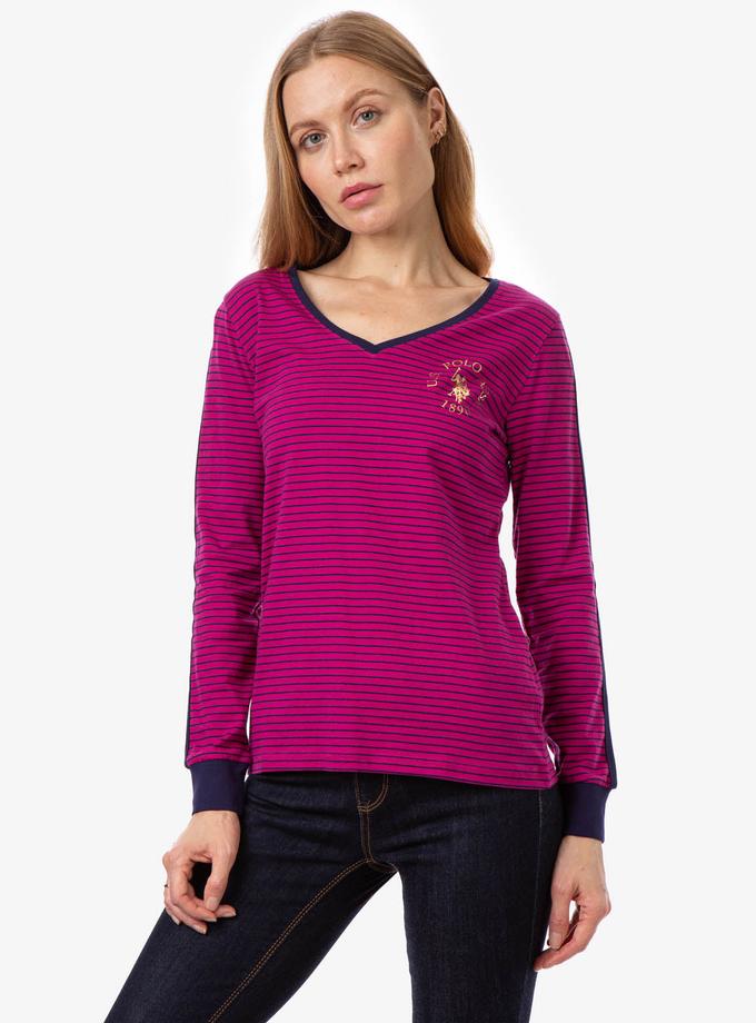 USPA STRIPED V-NECK LONG SLEEVE T-SHIRT Same Day Delivery