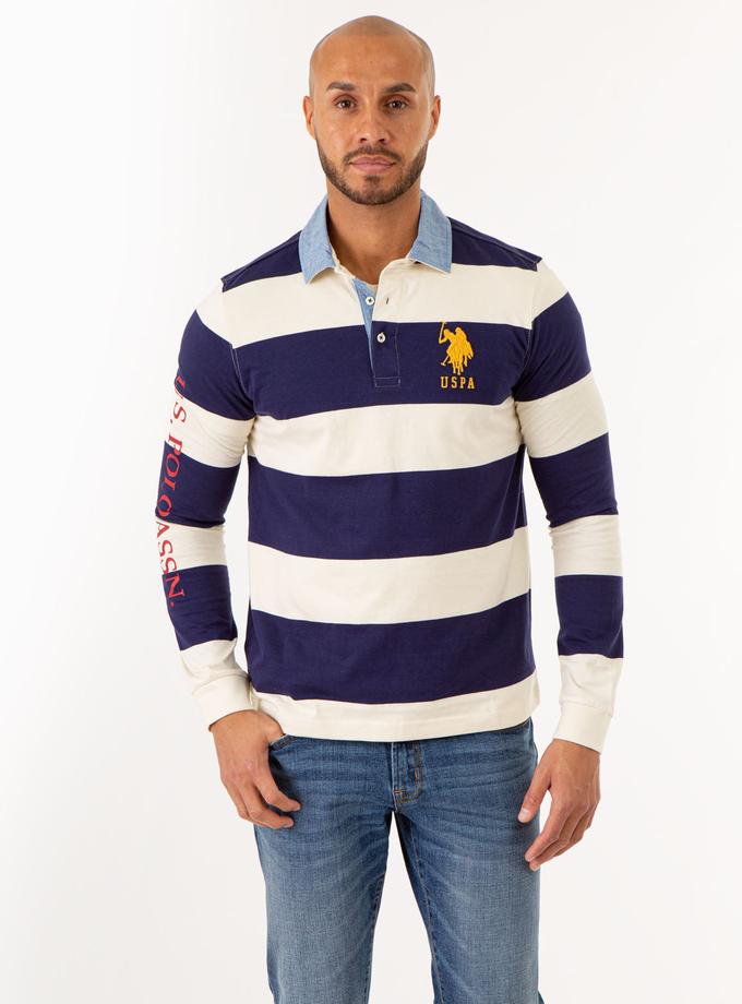 USPA STRIPED WOVEN COLLAR LONG SLEEVE POLO SHIRT Free shipping