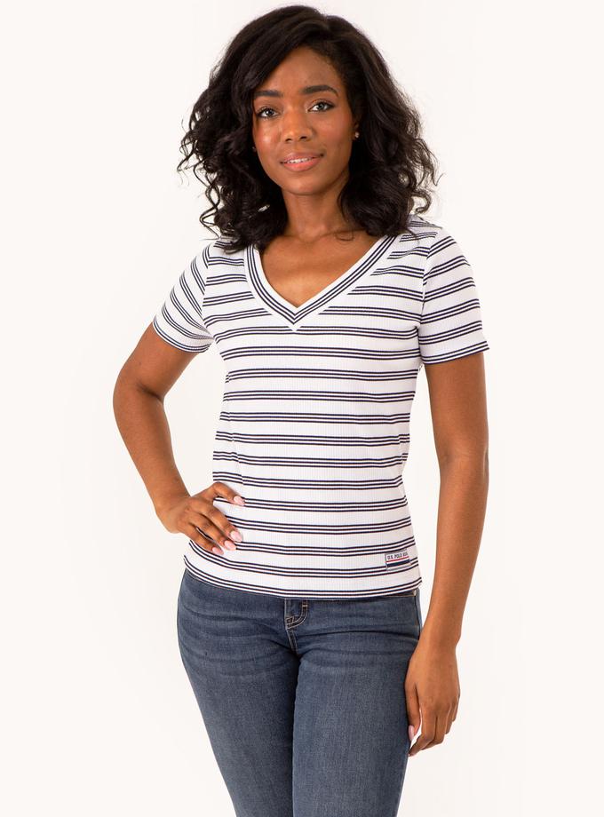 USPA V-NECK RIBBED STRIPED TOP High Quality