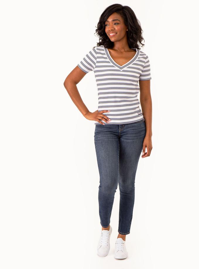 USPA V-NECK RIBBED STRIPED TOP High Quality