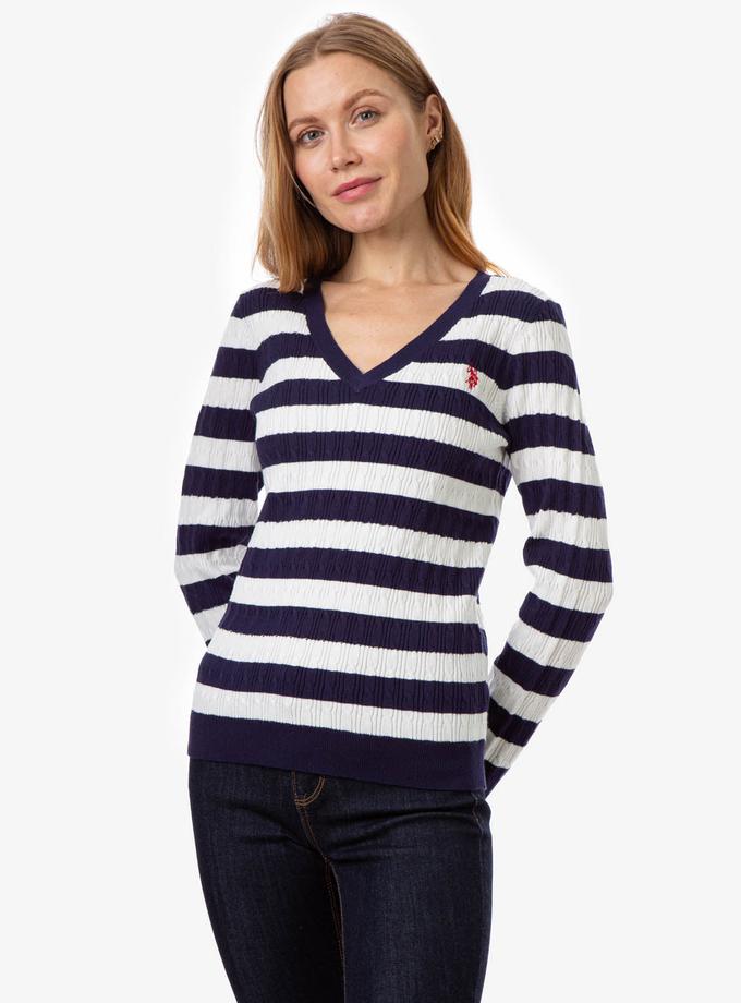 USPA V-NECK STRIPE CABLE SWEATER Best Buy