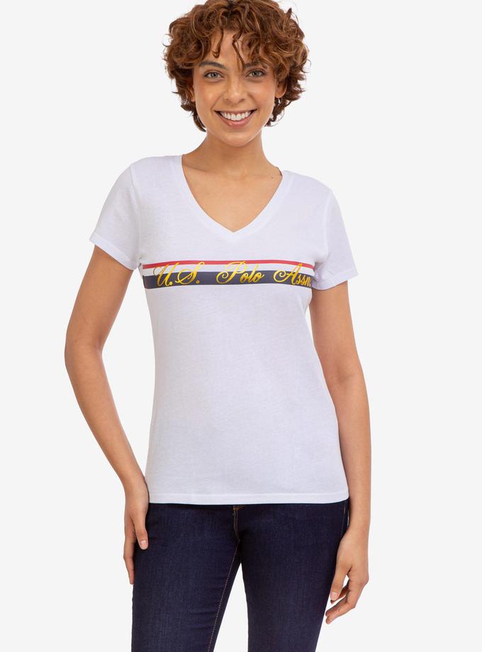 USPA V-NECK STRIPE FOIL GRAPHIC T-SHIRT For Sale