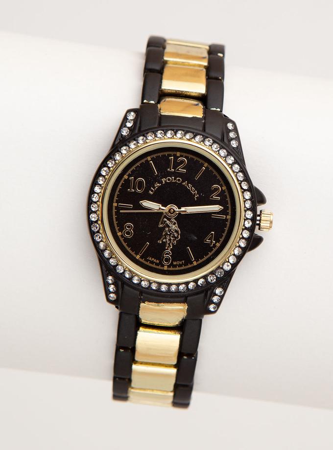 USPA WOMEN'S RHINESTONE, BLACK & GOLD TONE WATCH For Sale