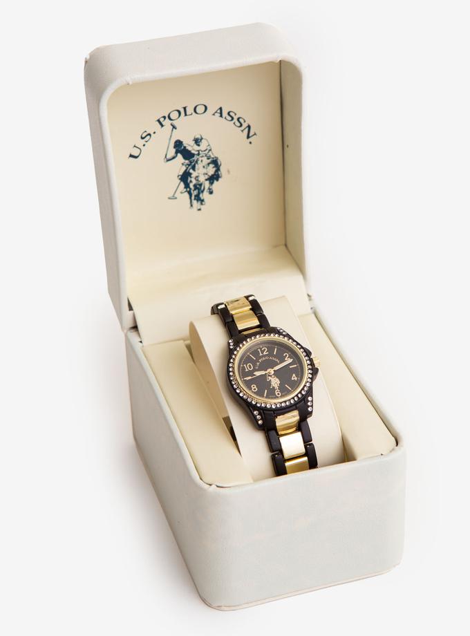 USPA WOMEN'S RHINESTONE, BLACK & GOLD TONE WATCH For Sale