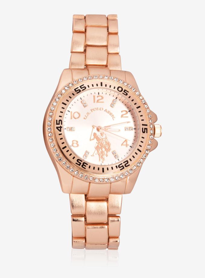 USPA WOMEN'S ROSE GOLD & RHINESTONE STUDDED WATCH On Sale