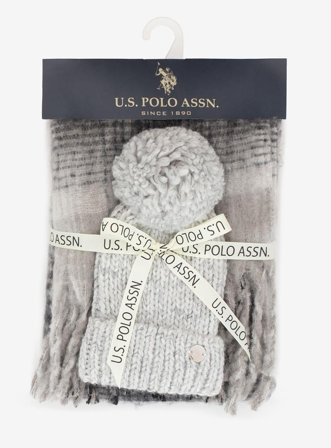 USPA WOMENS POM POM BEANIE AND PLAID SCARF SET High Quality