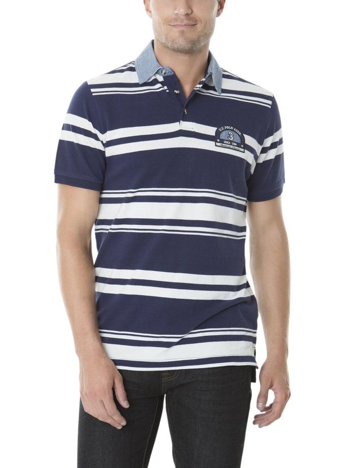 USPA YARN DYED PIQUE PATCH STRIPE POLO SHIRT Same Day Delivery