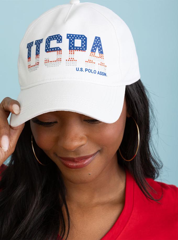 WOMENS RED WHITE AND BLUE USPA RHINESTONE HAT For Sale